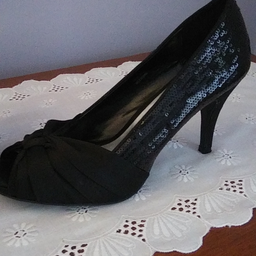 Black open toe sequin and satin shoes